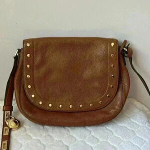 Michael Kors Hamilton Traveler Leather Saddle Bag with gold stud detail lock/key